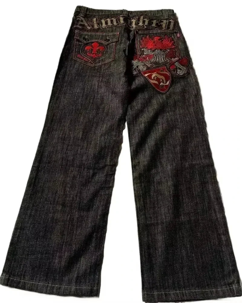 American Y2K New Casual Loose Pattern Print Loose Jeans Women Street Hip Hop Retro Oversized Wide-leg Pants Unisex Mopping Jeans