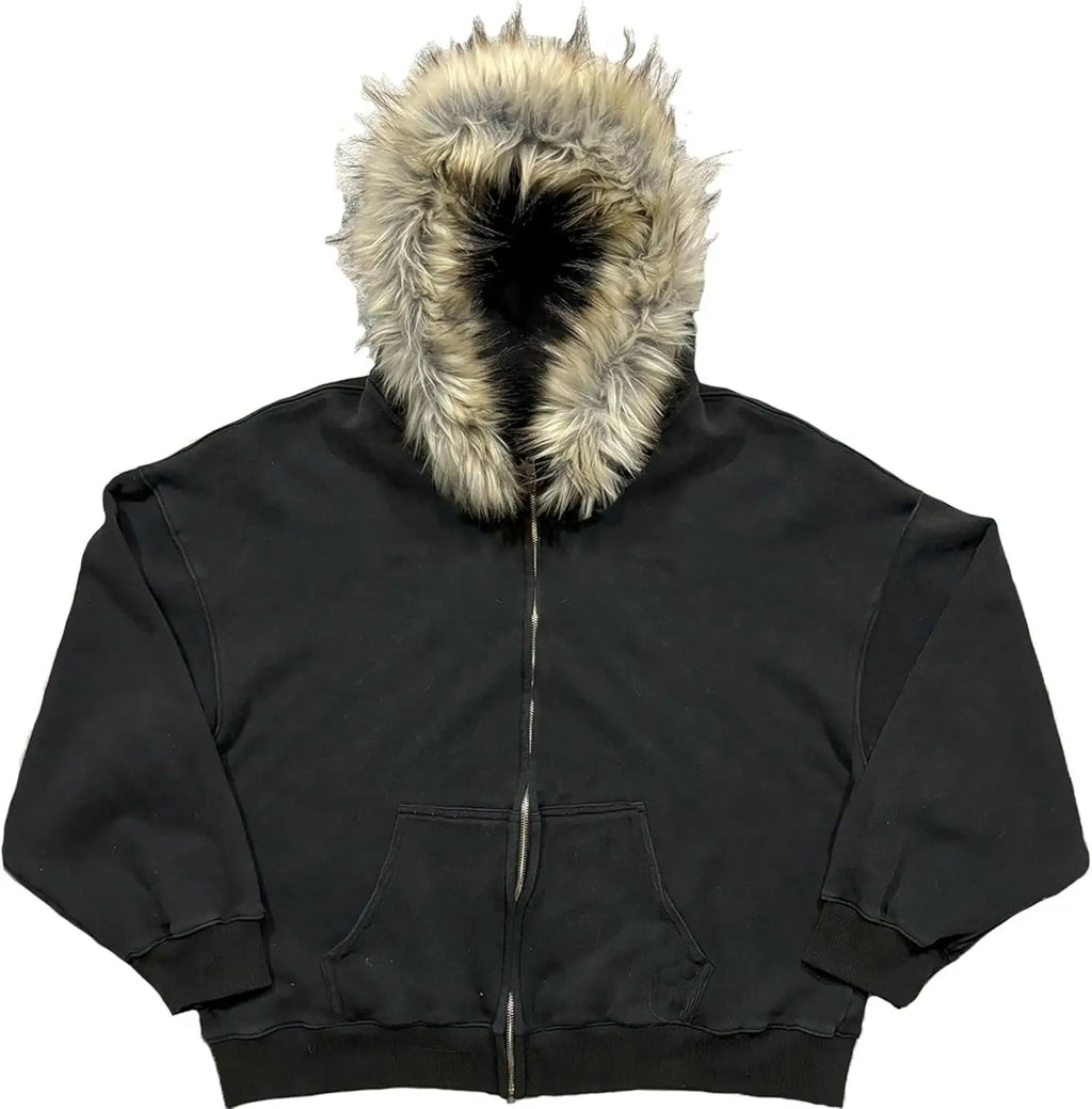 2000s Vintage Therian Fur Hood Jacket Y2k Goth Zip Up Hoodie Oversized Graphic Sweatshirt Emo Grunge Streetwear Fall Winter 2025