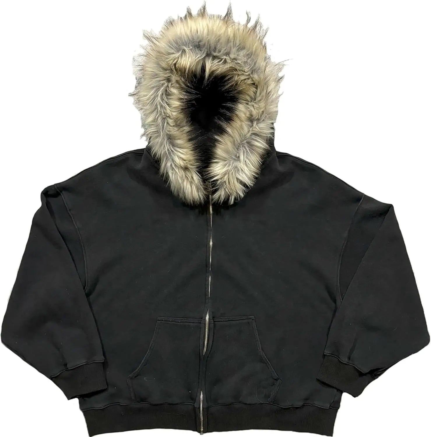 2000s Vintage Therian Fur Hood Jacket Y2k Goth Zip Up Hoodie Oversized Graphic Sweatshirt Emo Grunge Streetwear Fall Winter 2025