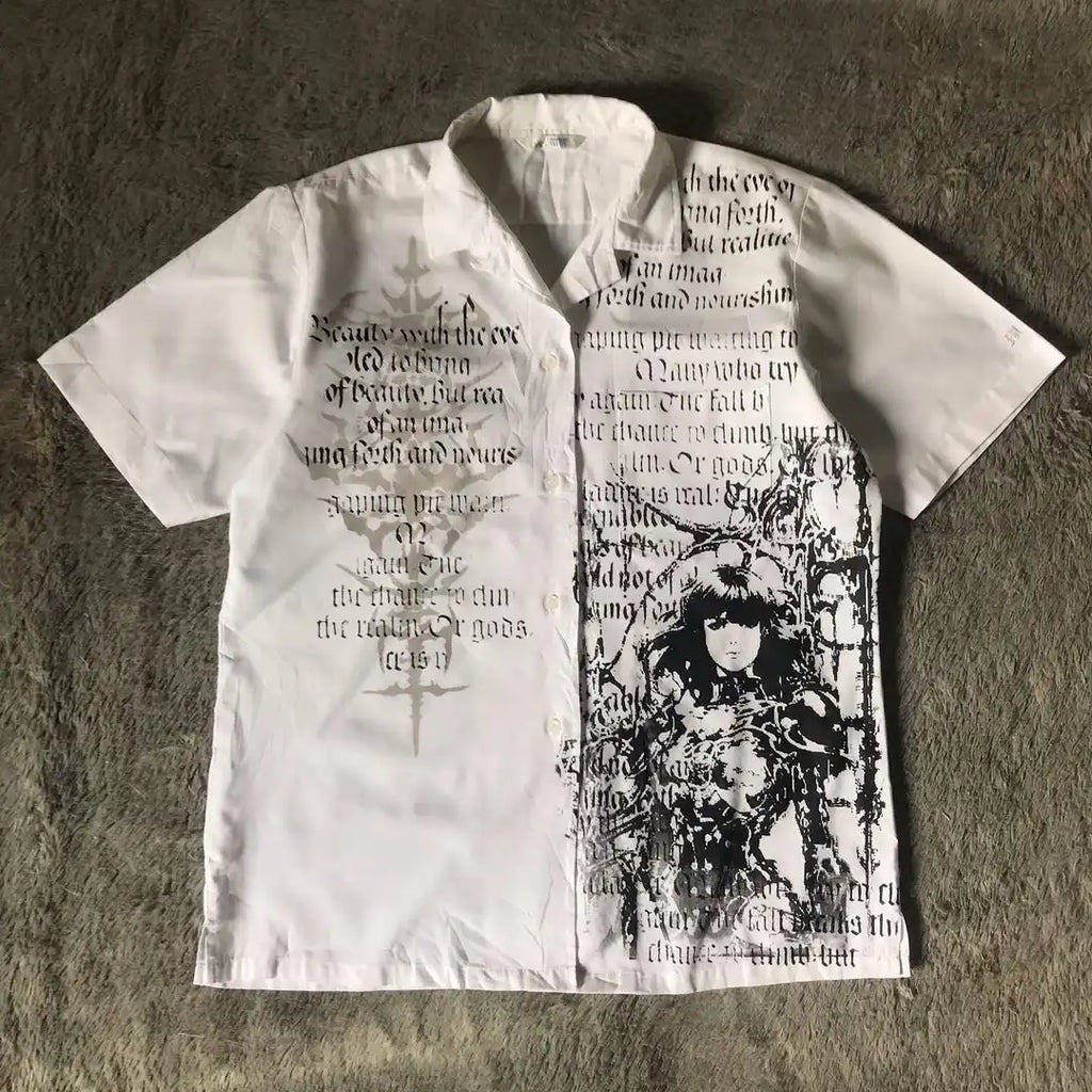 Y2K Gothic White Shirt  New Retro Harajuku Men and Women Skull Holy Writ Letter Printing Tee Fashion Gothic Short Sleeves Tops