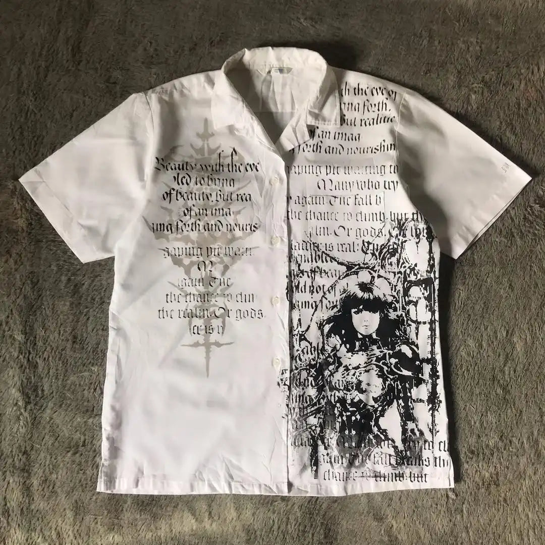 Y2K Gothic White Shirt  New Retro Harajuku Men and Women Skull Holy Writ Letter Printing Tee Fashion Gothic Short Sleeves Tops