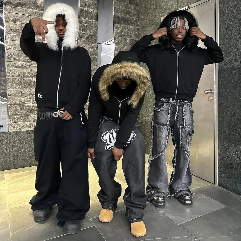 2000s Vintage Therian Fur Hood Jacket Y2k Goth Zip Up Hoodie Oversized Graphic Sweatshirt Emo Grunge Streetwear Fall Winter 2025