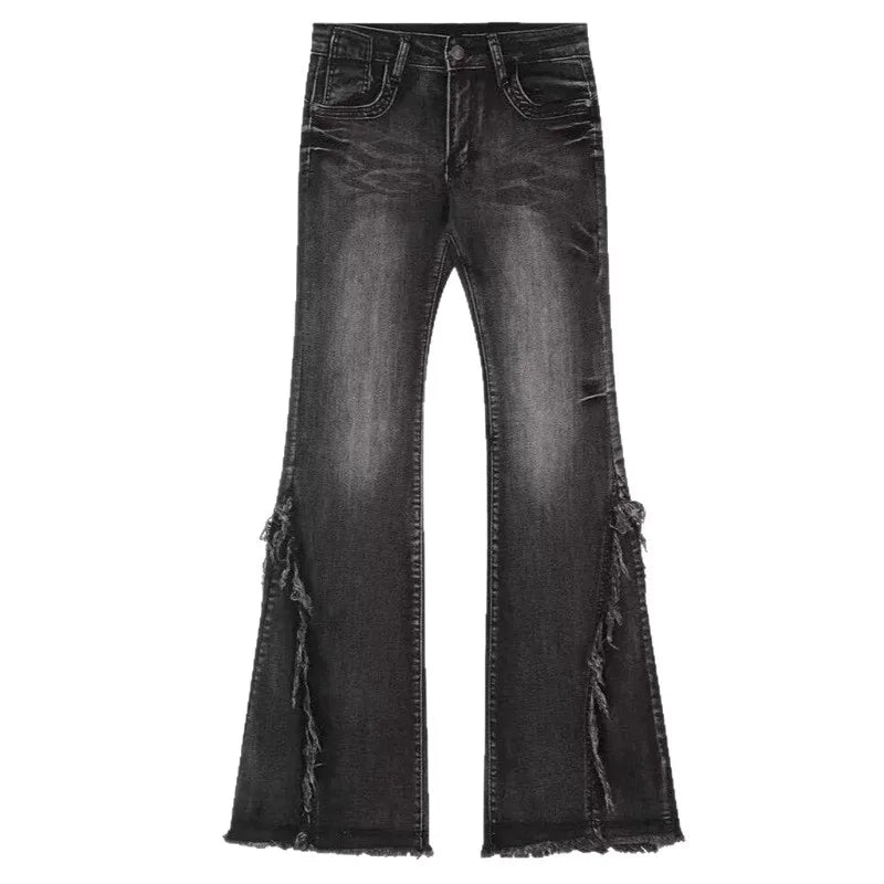 American Grey Frayed Y2K Flared Denim Jeans High Waist Wide Leg Elastic Horse Hoof Pants Youth Casual Sweet And Spicy Style