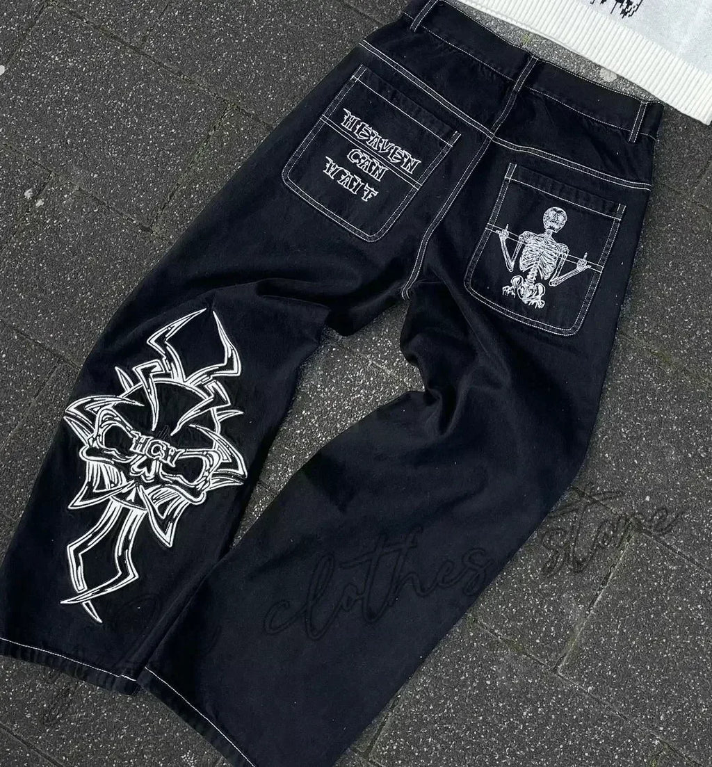 American Y2K New Casual Loose Pattern Print Loose Jeans Women Street Hip Hop Retro Oversized Wide-leg Pants Unisex Mopping Jeans