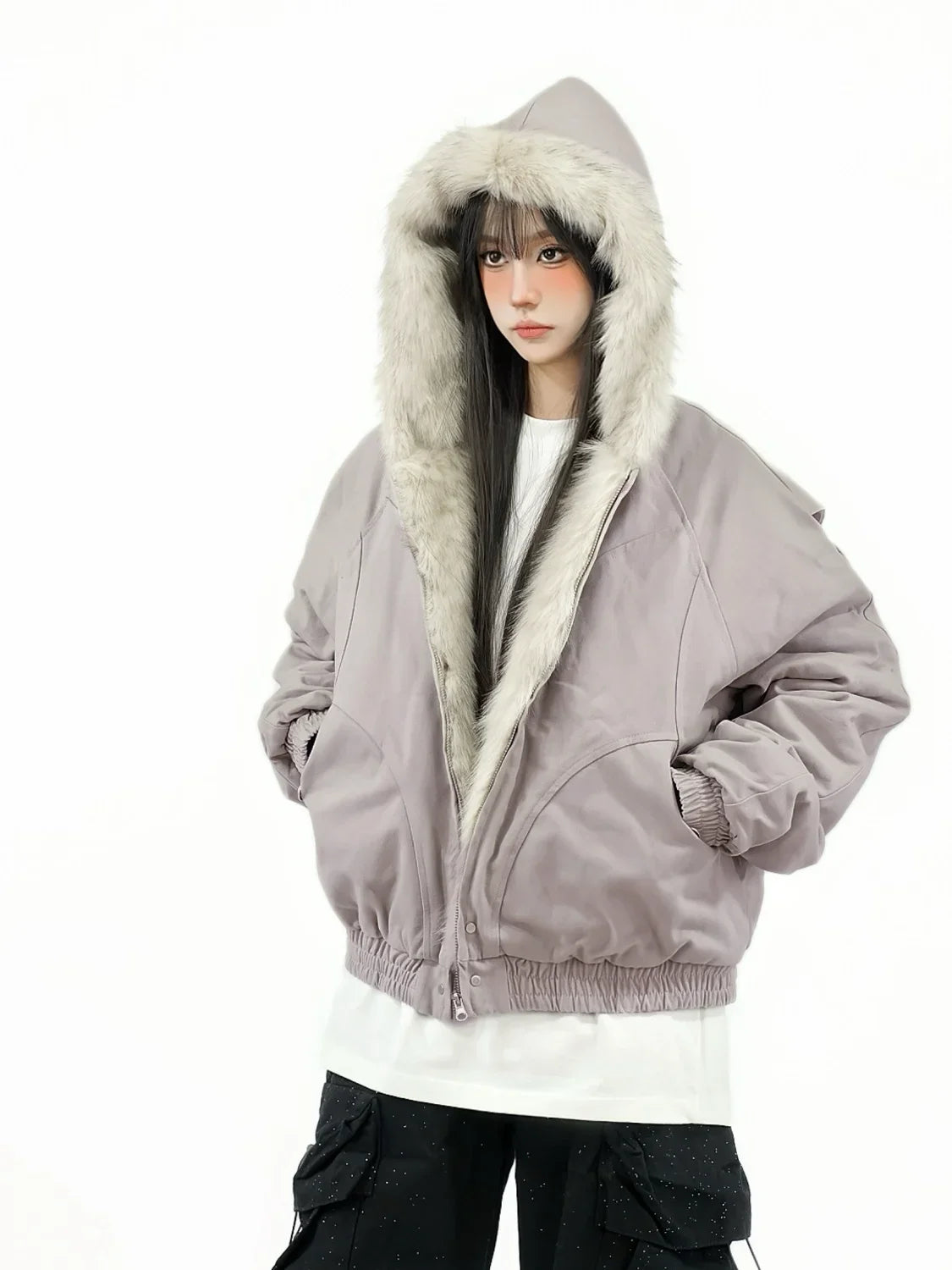 2025 European and American new winter thickened fur collar hoodie Y2K couple down cotton warm jacket fashionable and versatile