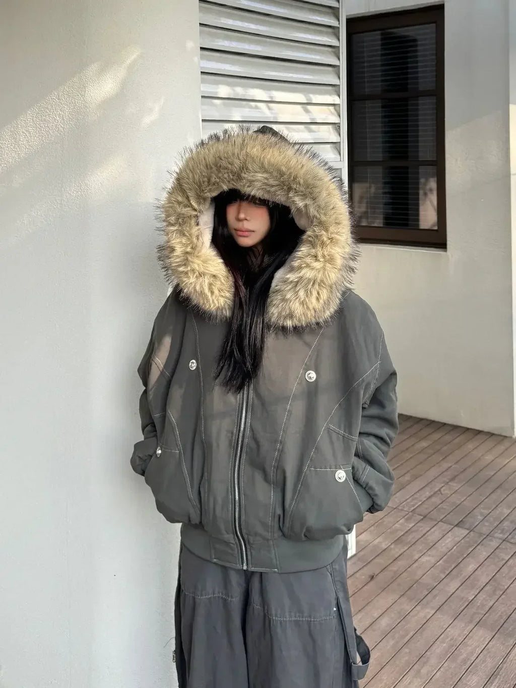 2025 European and American new winter thickened fur collar hoodie Y2K couple down cotton warm jacket fashionable and versatile
