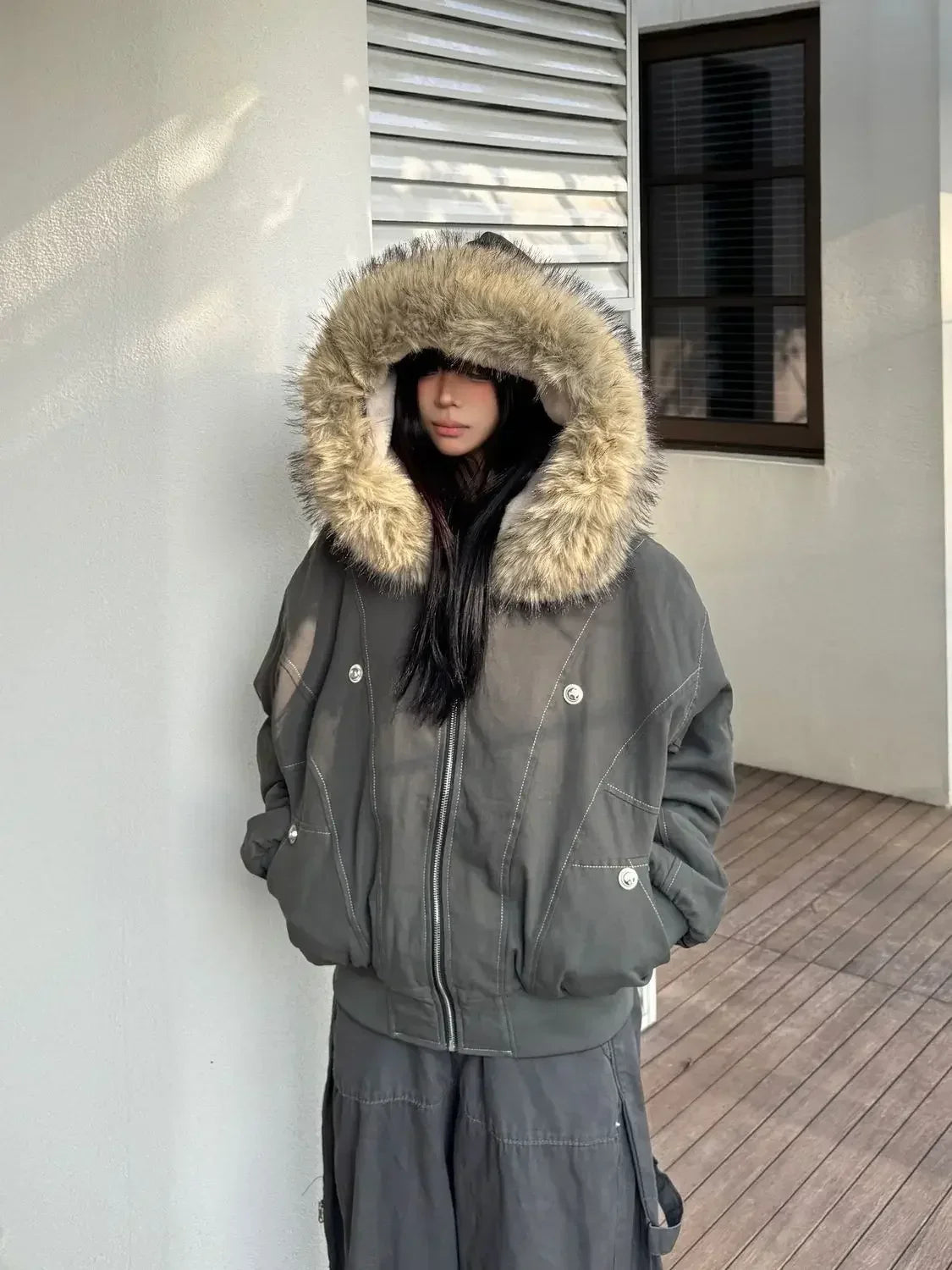 2025 European and American new winter thickened fur collar hoodie Y2K couple down cotton warm jacket fashionable and versatile