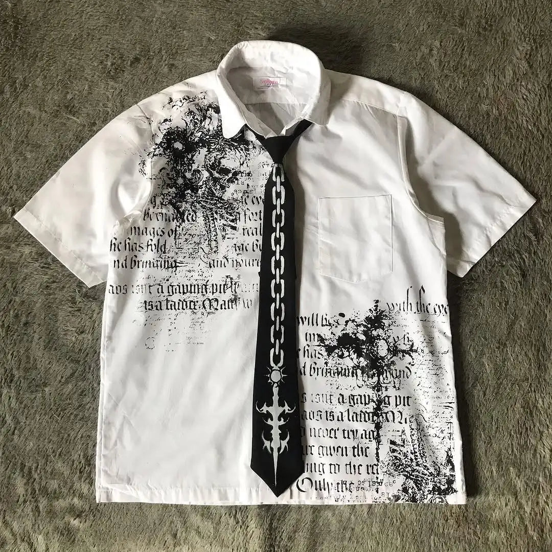 Y2K Gothic White Shirt  New Retro Harajuku Men and Women Skull Holy Writ Letter Printing Tee Fashion Gothic Short Sleeves Tops