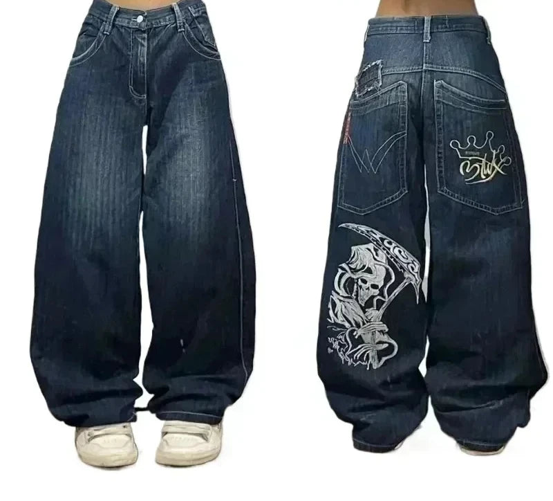 American Y2K New Casual Loose Pattern Print Loose Jeans Women Street Hip Hop Retro Oversized Wide-leg Pants Unisex Mopping Jeans