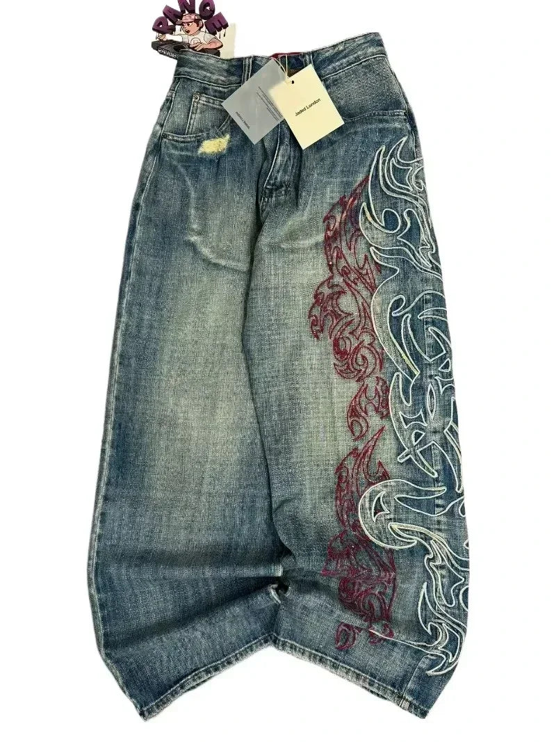American Y2K New Casual Loose Pattern Print Loose Jeans Women Street Hip Hop Retro Oversized Wide-leg Pants Unisex Mopping Jeans