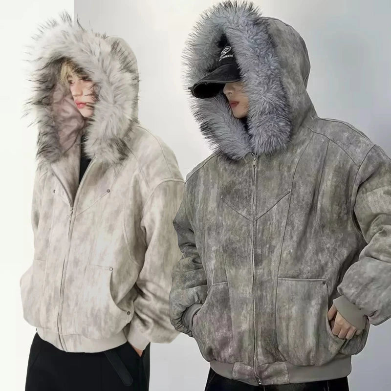 2025 European and American new winter thickened fur collar hoodie Y2K couple down cotton warm jacket fashionable and versatile