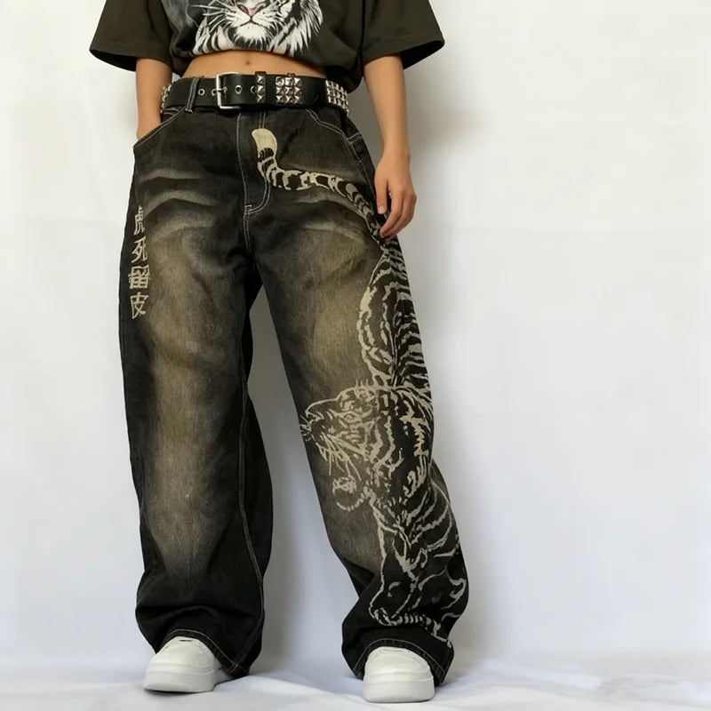 American Y2K New Casual Loose Pattern Print Loose Jeans Women Street Hip Hop Retro Oversized Wide-leg Pants Unisex Mopping Jeans