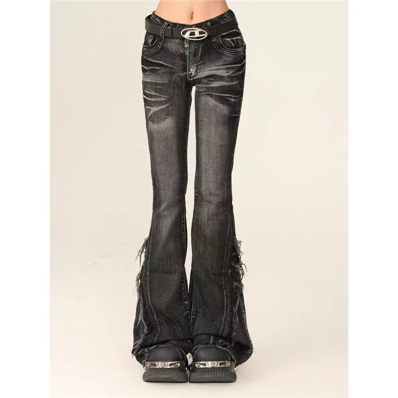 American Grey Frayed Y2K Flared Denim Jeans High Waist Wide Leg Elastic Horse Hoof Pants Youth Casual Sweet And Spicy Style