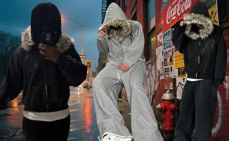 2000s Vintage Therian Fur Hood Jacket Y2k Goth Zip Up Hoodie Oversized Graphic Sweatshirt Emo Grunge Streetwear Fall Winter 2025