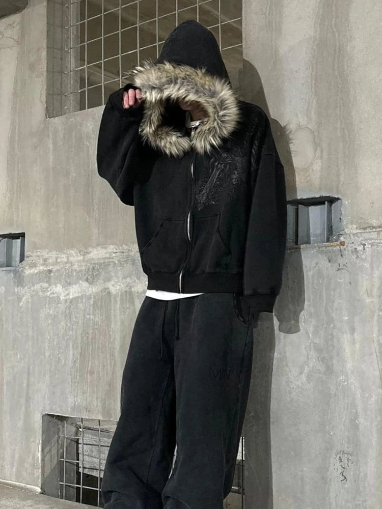 2000s Vintage Therian Fur Hood Jacket Y2k Goth Zip Up Hoodie Oversized Graphic Sweatshirt Emo Grunge Streetwear Fall Winter 2025