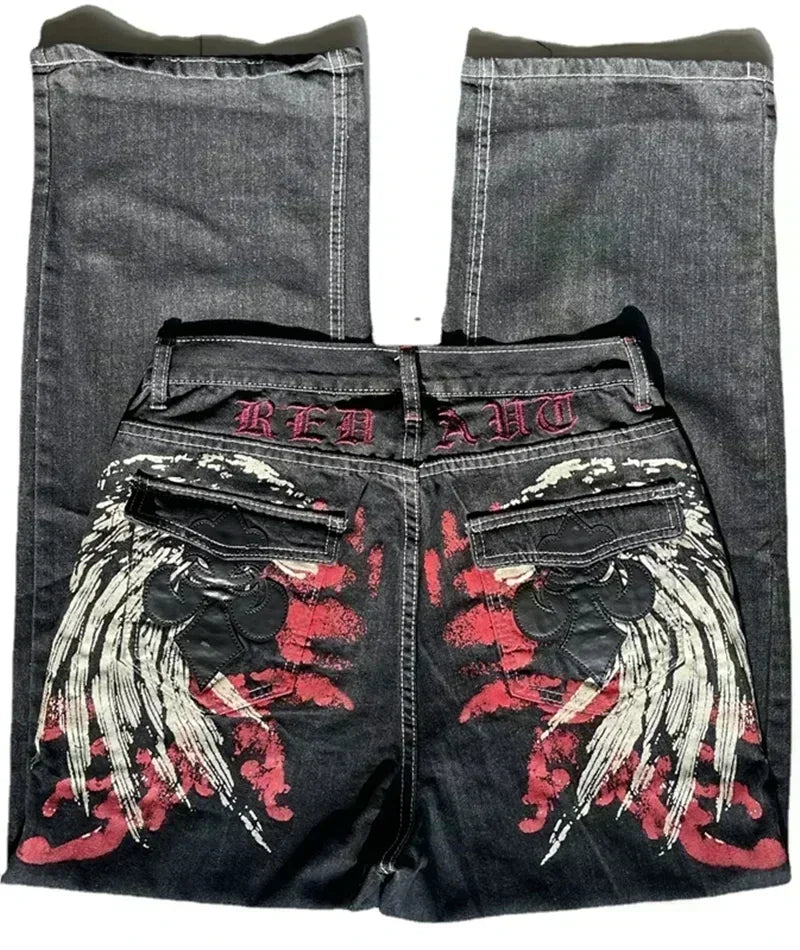 American Y2K New Casual Loose Pattern Print Loose Jeans Women Street Hip Hop Retro Oversized Wide-leg Pants Unisex Mopping Jeans