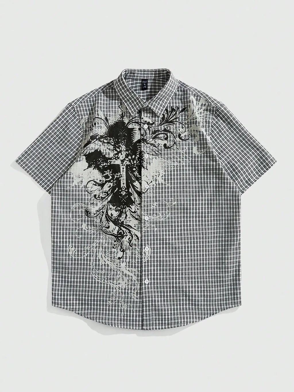 Y2K Grunge Punk Men's Street Summer Plaid Cross Print Short Sleeve Single-Breasted Casual Shirt