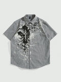 Y2K Grunge Punk Men's Street Summer Plaid Cross Print Short Sleeve Single-Breasted Casual Shirt