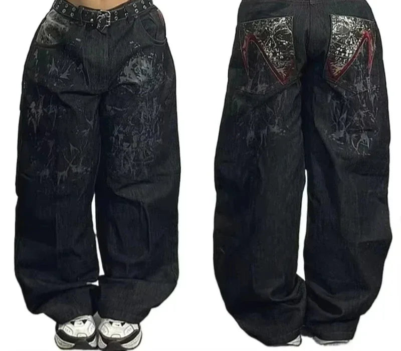American Y2K New Casual Loose Pattern Print Loose Jeans Women Street Hip Hop Retro Oversized Wide-leg Pants Unisex Mopping Jeans