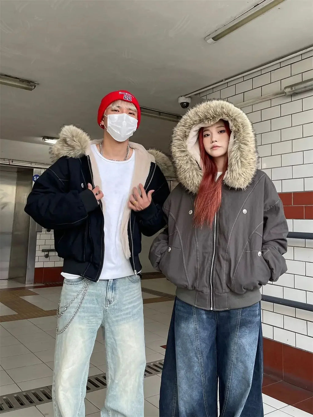 2025 European and American new winter thickened fur collar hoodie Y2K couple down cotton warm jacket fashionable and versatile