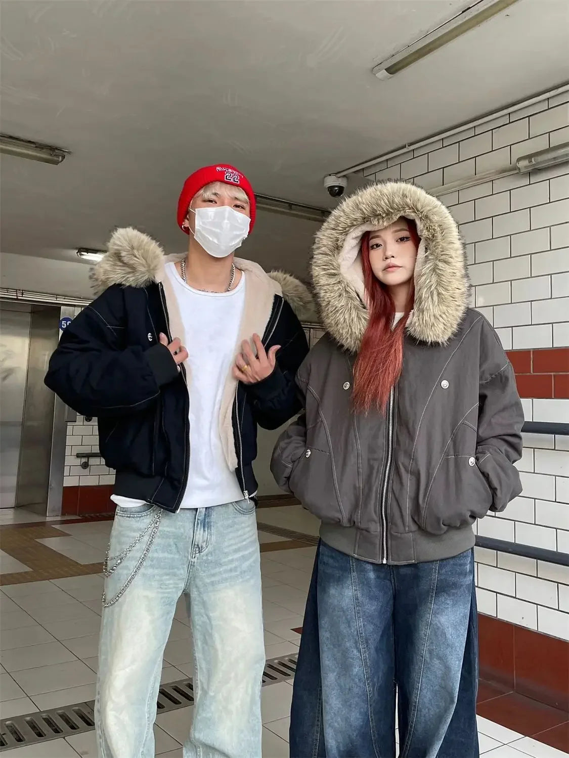 2025 European and American new winter thickened fur collar hoodie Y2K couple down cotton warm jacket fashionable and versatile