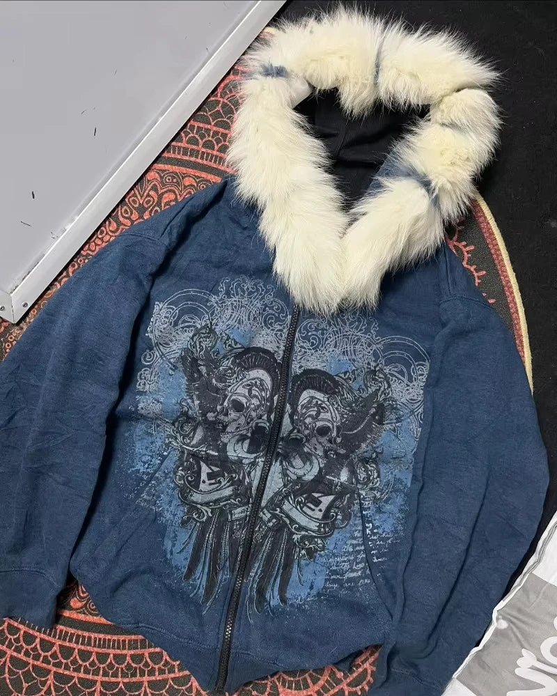 Y2K New Street Fashion Trend Fur Collar Zipper Hoodie Women Harajuku Casual Loose Catching Thick Sweatshirt Unisex Warm Hoodie