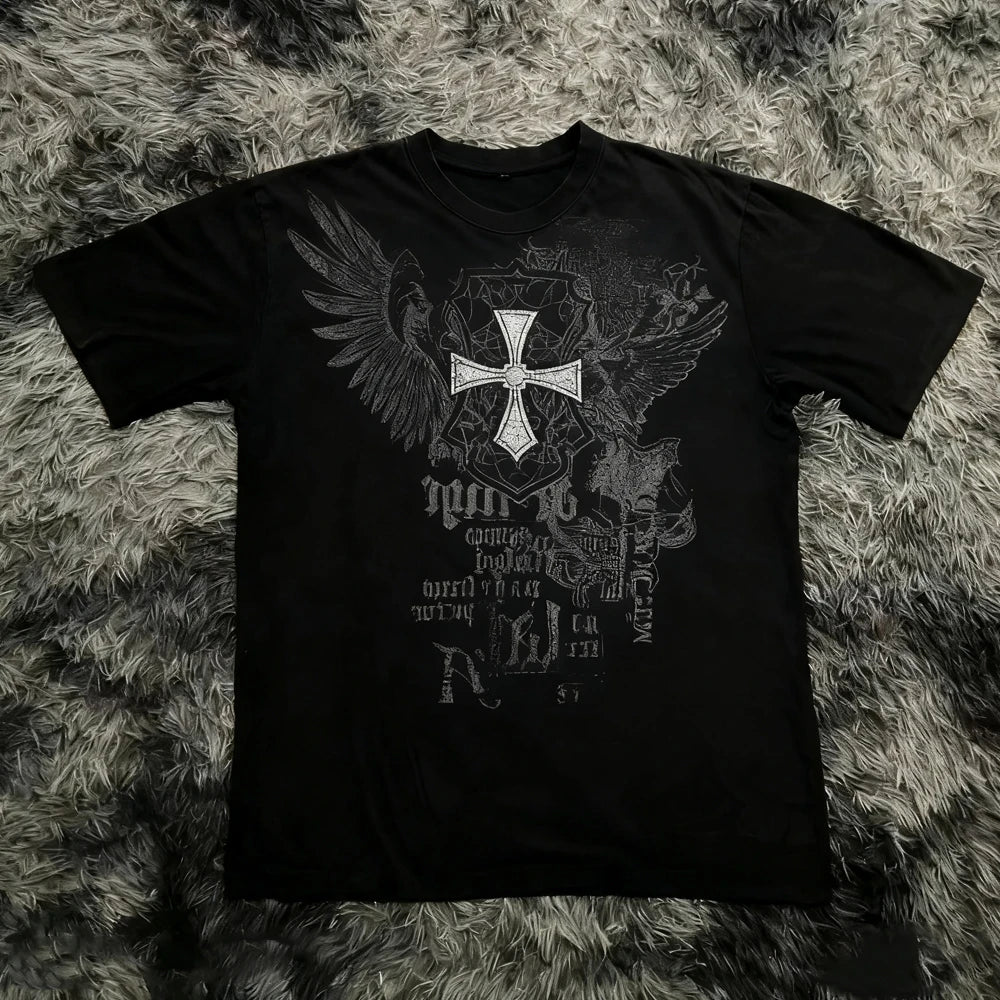 Classic Y2K Gothic Style T-shirt Print Oversized T Shirt High Street Shirts Gothic Round Neck Cotton Tops New Mens Women T Shirt