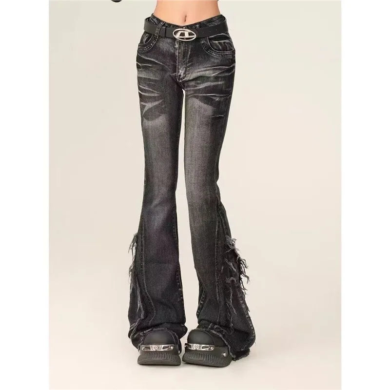 American Grey Frayed Y2K Flared Denim Jeans High Waist Wide Leg Elastic Horse Hoof Pants Youth Casual Sweet And Spicy Style