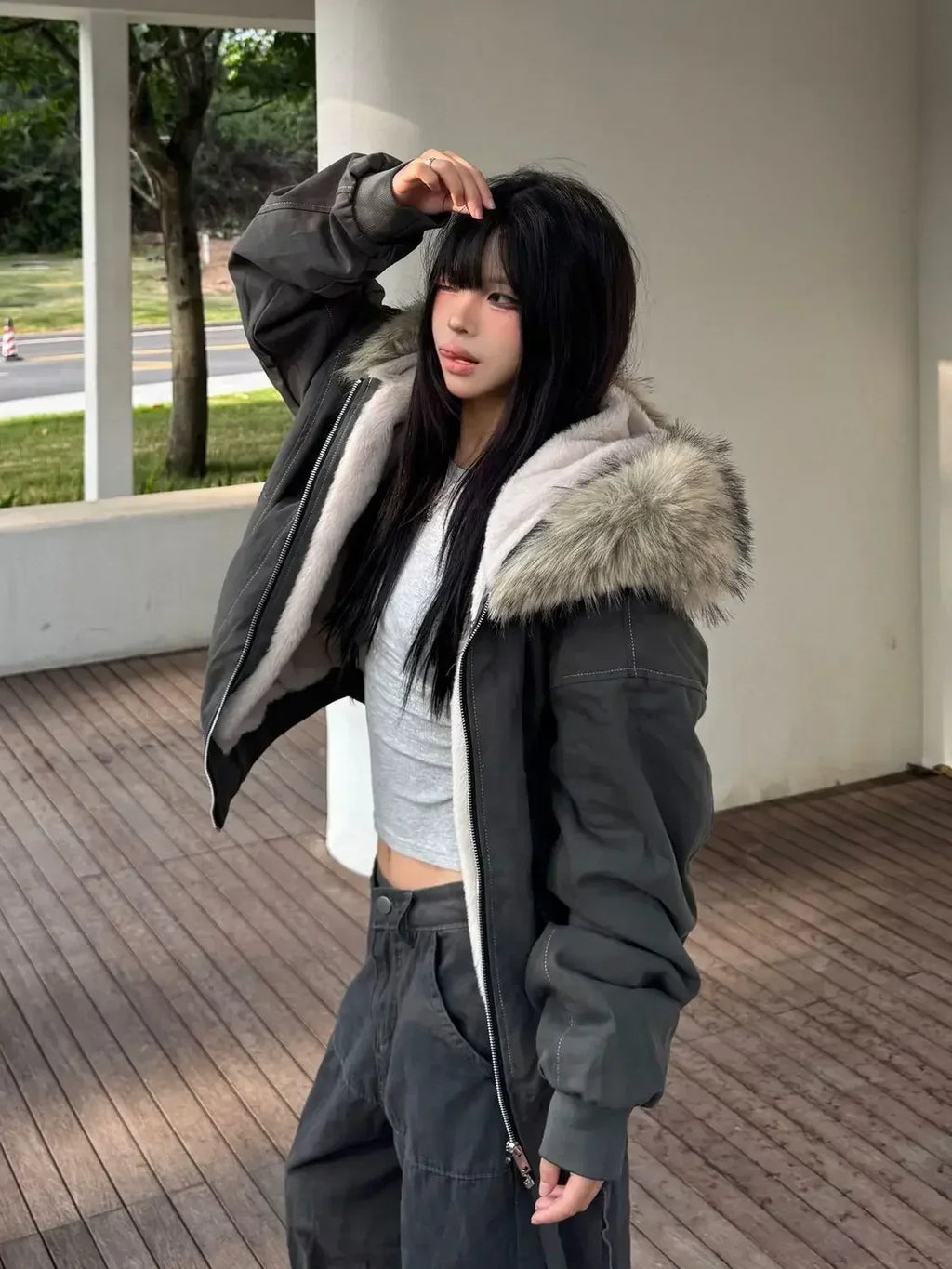 2025 European and American new winter thickened fur collar hoodie Y2K couple down cotton warm jacket fashionable and versatile