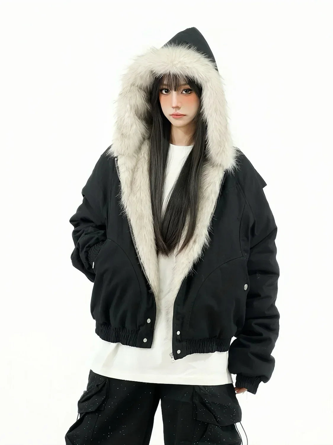 2025 European and American new winter thickened fur collar hoodie Y2K couple down cotton warm jacket fashionable and versatile
