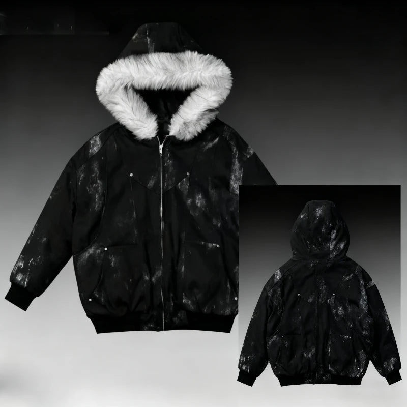 2025 European and American new winter thickened fur collar hoodie Y2K couple down cotton warm jacket fashionable and versatile