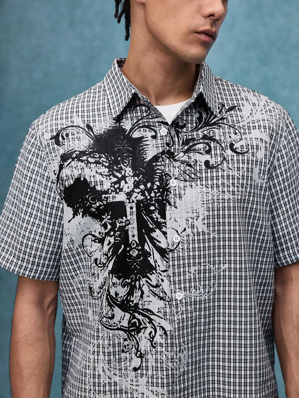 Y2K Grunge Punk Men's Street Summer Plaid Cross Print Short Sleeve Single-Breasted Casual Shirt