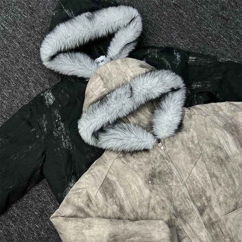 2025 European and American new winter thickened fur collar hoodie Y2K couple down cotton warm jacket fashionable and versatile