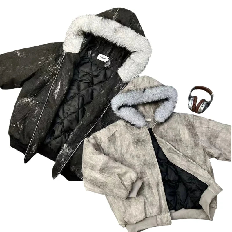 2025 European and American new winter thickened fur collar hoodie Y2K couple down cotton warm jacket fashionable and versatile