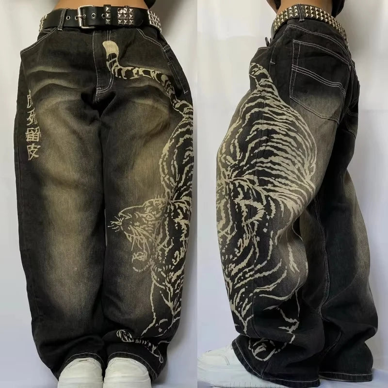 American Y2K New Casual Loose Pattern Print Loose Jeans Women Street Hip Hop Retro Oversized Wide-leg Pants Unisex Mopping Jeans