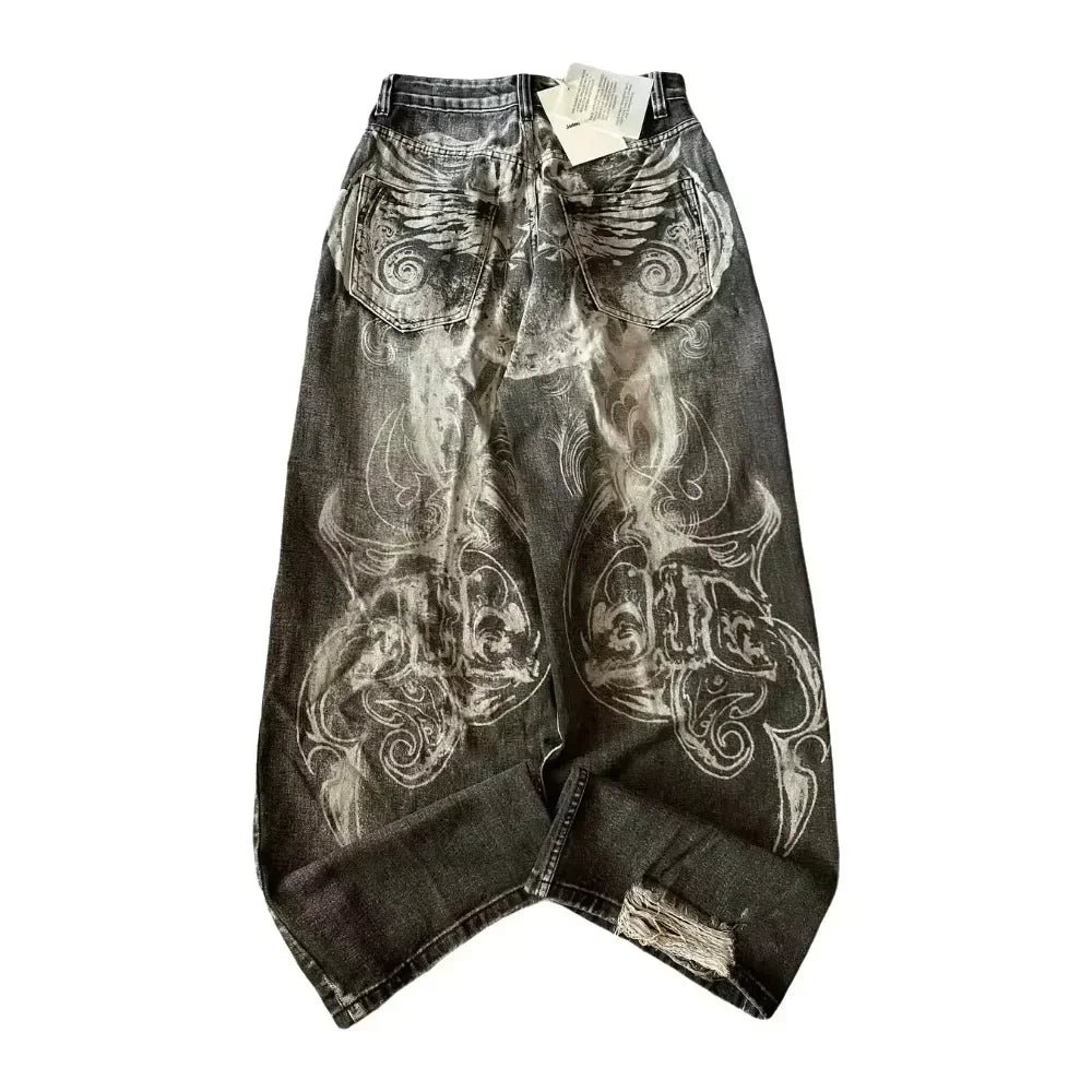 American Y2K New Casual Loose Pattern Print Loose Jeans Women Street Hip Hop Retro Oversized Wide-leg Pants Unisex Mopping Jeans