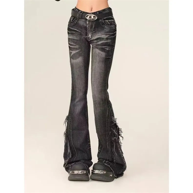 American Grey Frayed Y2K Flared Denim Jeans High Waist Wide Leg Elastic Horse Hoof Pants Youth Casual Sweet And Spicy Style