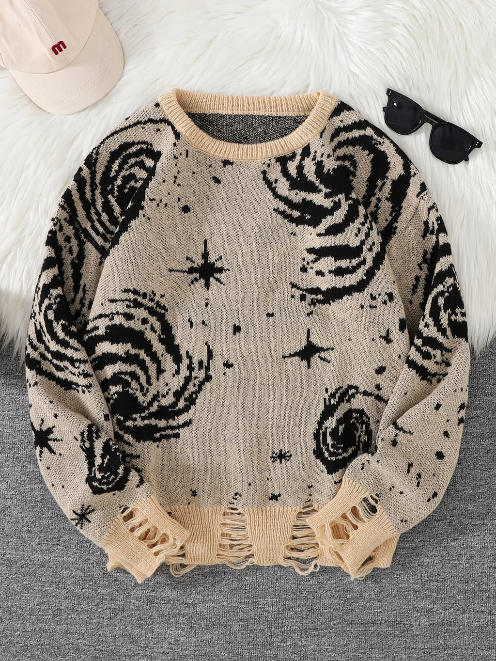 Street Style Ripped Starry Sky Knit Pullover – Men’s Crew Neck Sweater