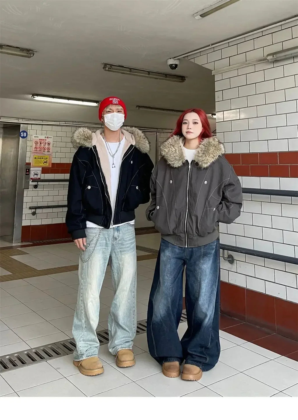 2025 European and American new winter thickened fur collar hoodie Y2K couple down cotton warm jacket fashionable and versatile
