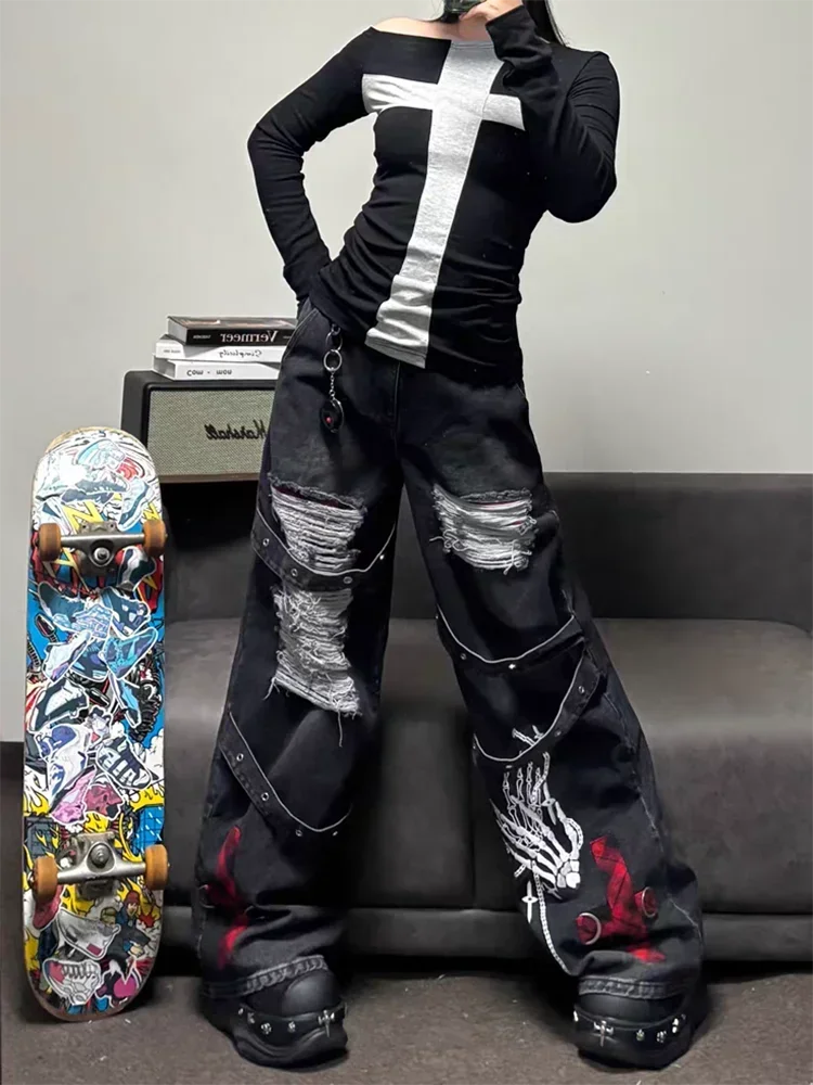 American Y2K New Casual Loose Pattern Print Loose Jeans Women Street Hip Hop Retro Oversized Wide-leg Pants Unisex Mopping Jeans