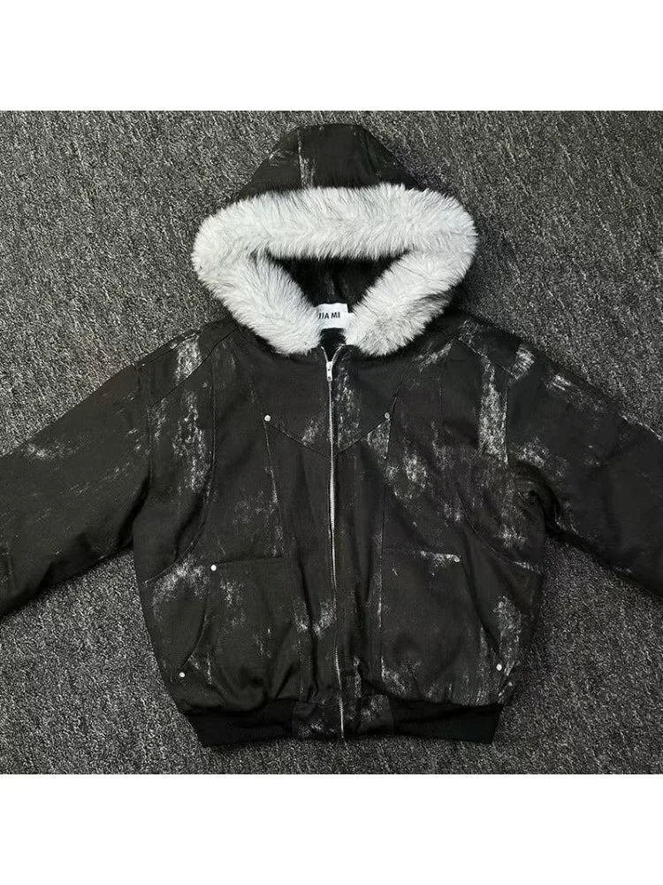2025 European and American new winter thickened fur collar hoodie Y2K couple down cotton warm jacket fashionable and versatile