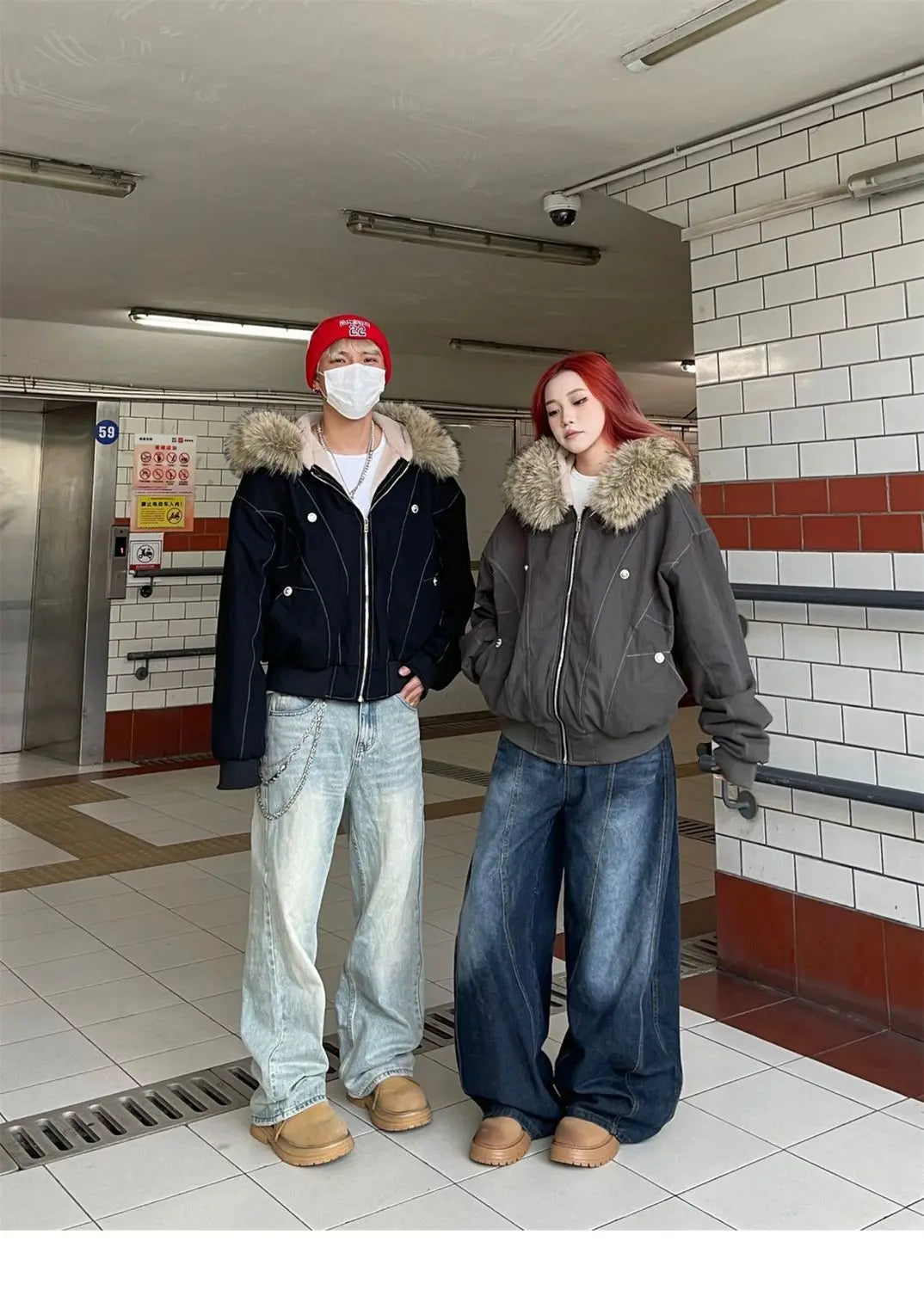2025 European and American new winter thickened fur collar hoodie Y2K couple down cotton warm jacket fashionable and versatile