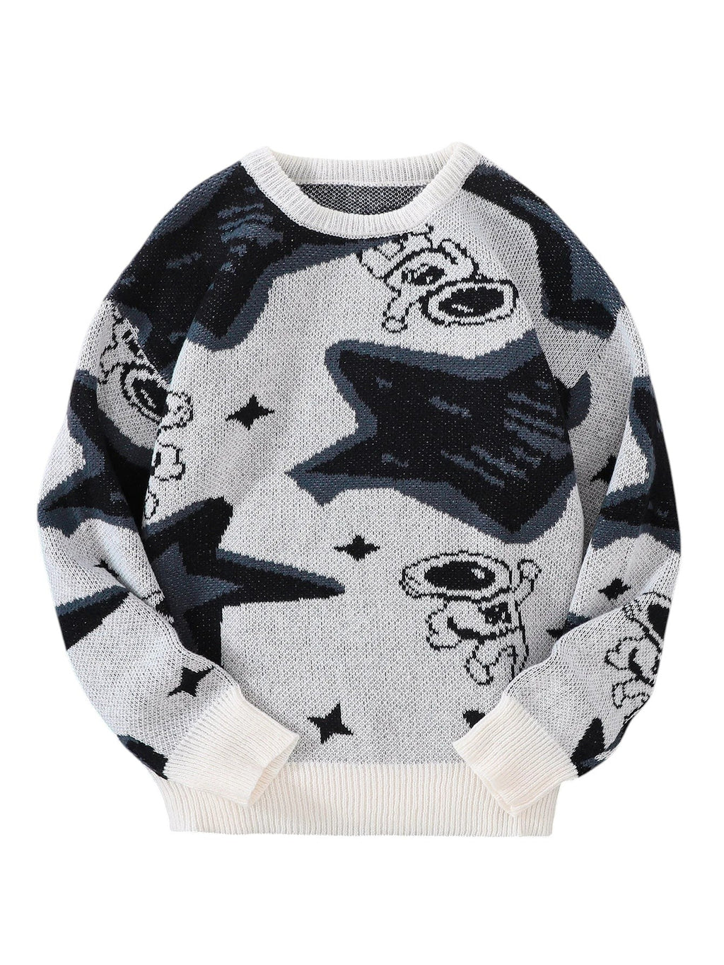 AuraXclusive men's casual round neck pullover sweater featuring a black and white astronaut and star jacquard pattern.