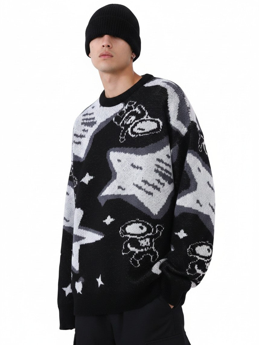 AuraXclusive men's black and grey crew neck pullover sweater featuring a playful astronaut and star jacquard pattern.