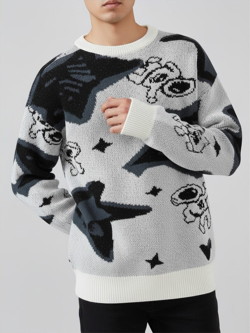 AuraXclusive men's round neck pullover sweater featuring a black and white astronaut and star jacquard knit pattern.