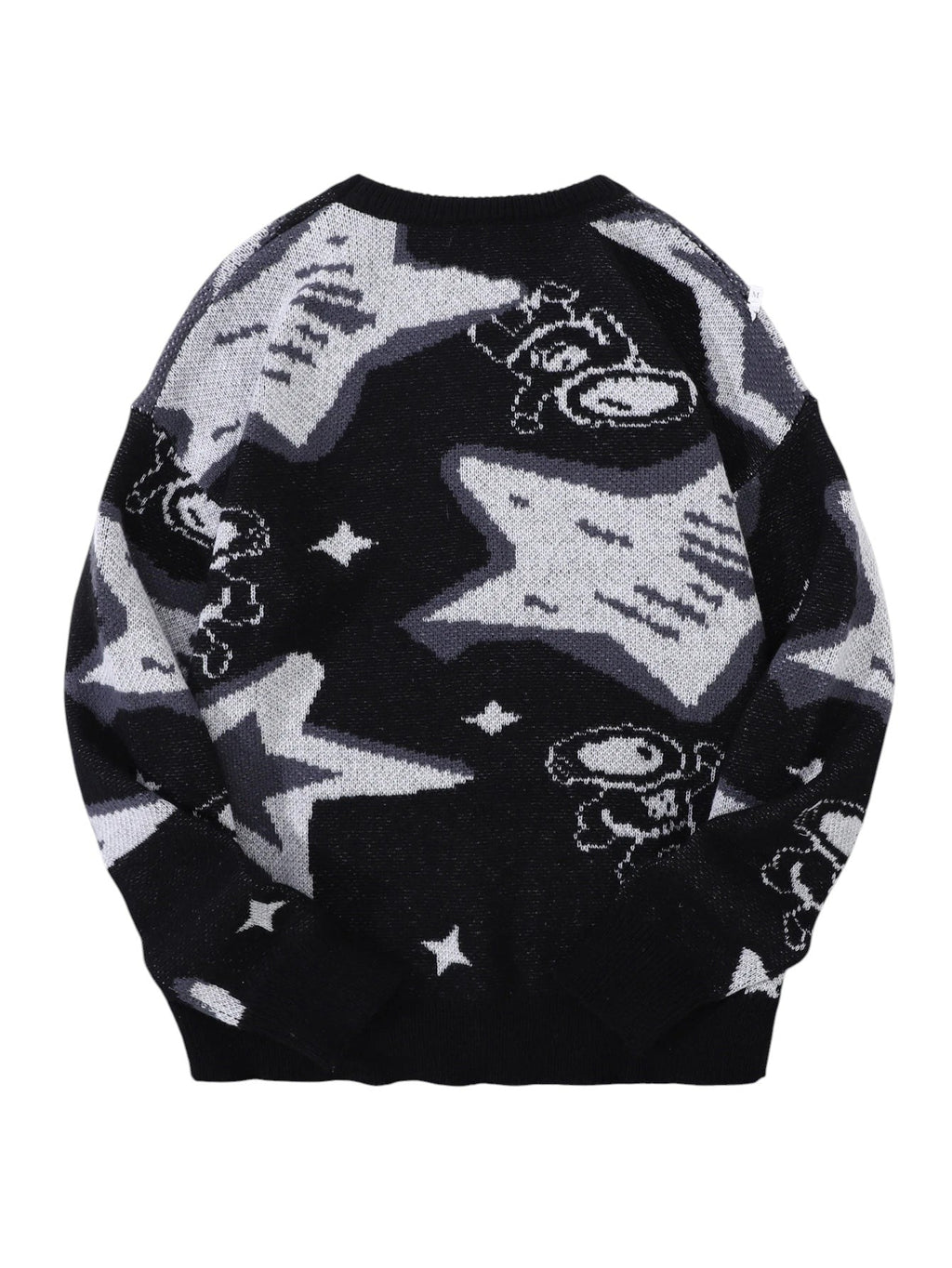 AuraXclusive men's black and grey knitted pullover sweater featuring a jacquard astronaut and star pattern