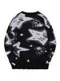 AuraXclusive men's black and grey knitted pullover sweater featuring a jacquard astronaut and star pattern