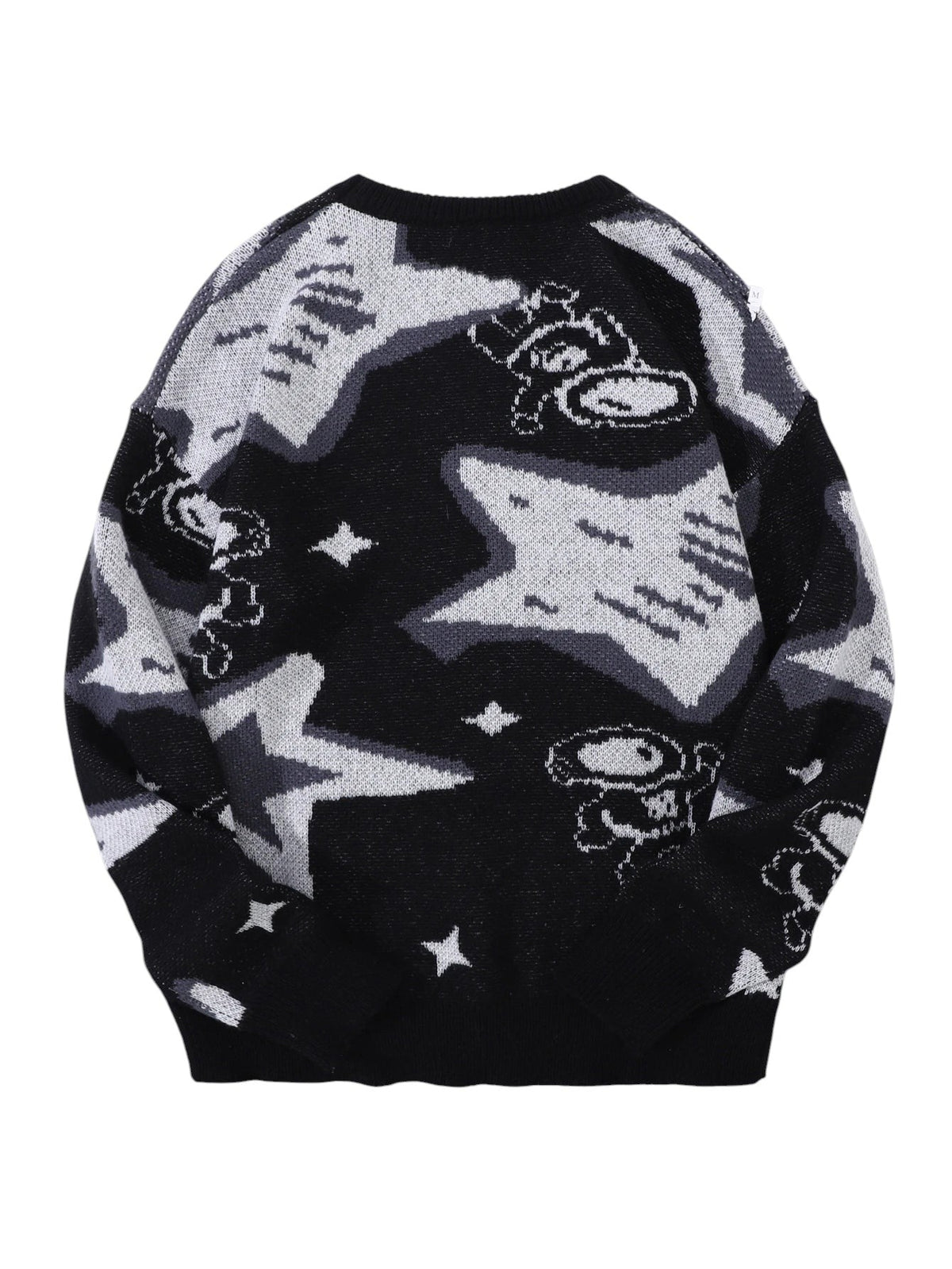 AuraXclusive men's black and grey knitted pullover sweater featuring a jacquard astronaut and star pattern