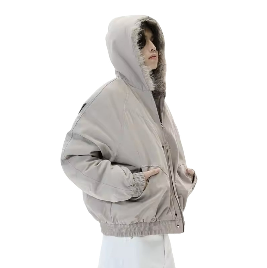 AuraXclusive women's beige hooded winter jacket with plush faux fur lining, zipper closure, and ribbed cuffs.