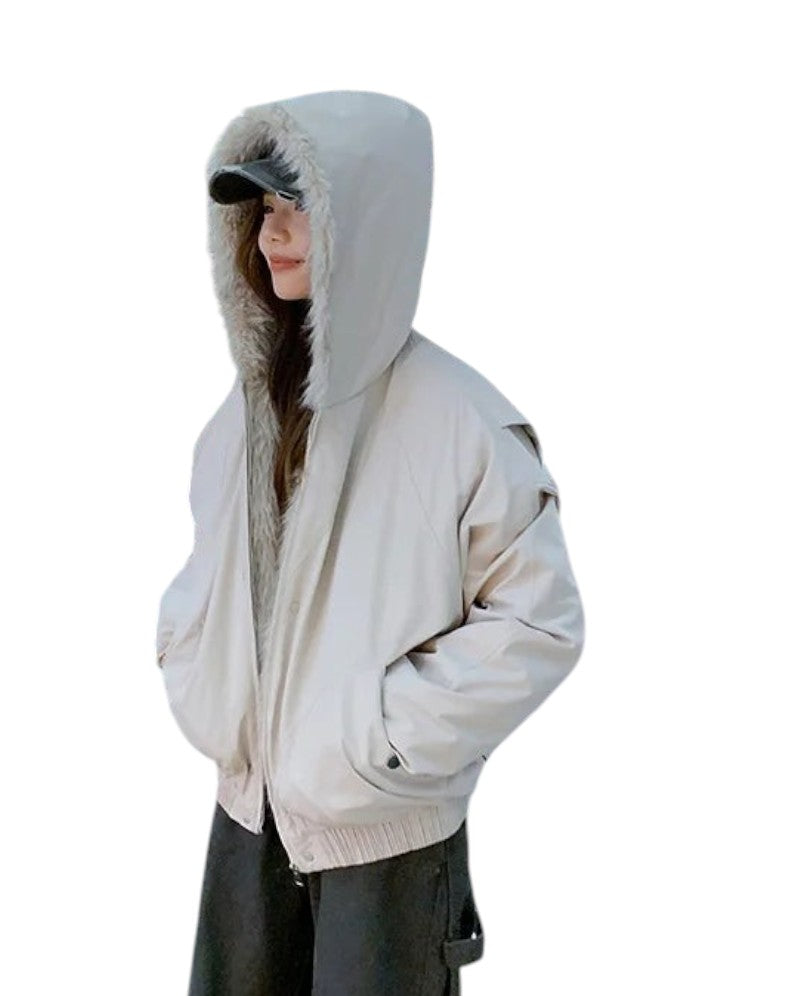 AuraXclusive women's beige hooded winter jacket with plush faux fur lining and zipper closure in a casual streetwear style